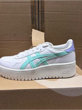 Asics White Sneakers with Mint Stripes and Lavender Heel